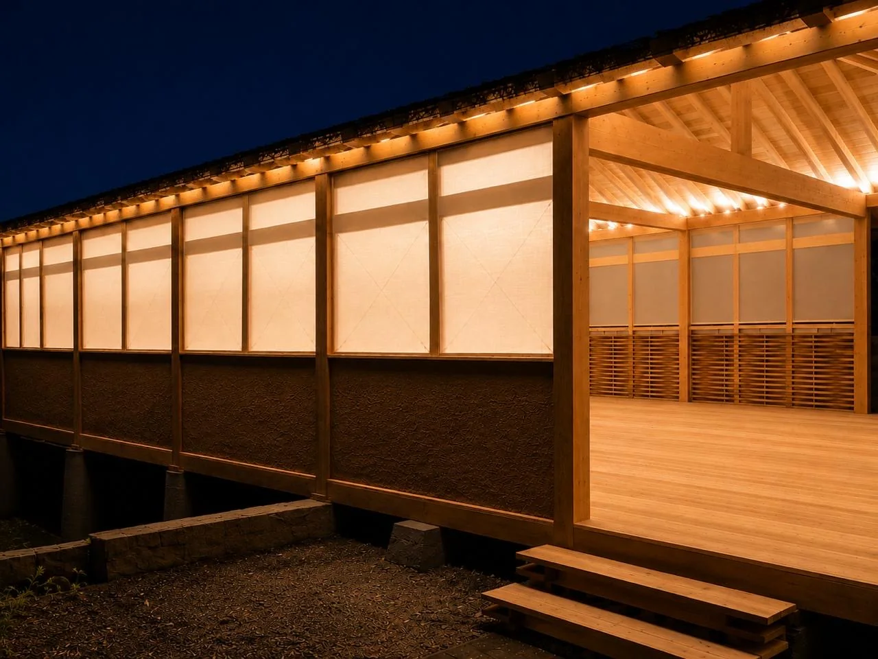 Exterior iluminado de El Dojo por la noche